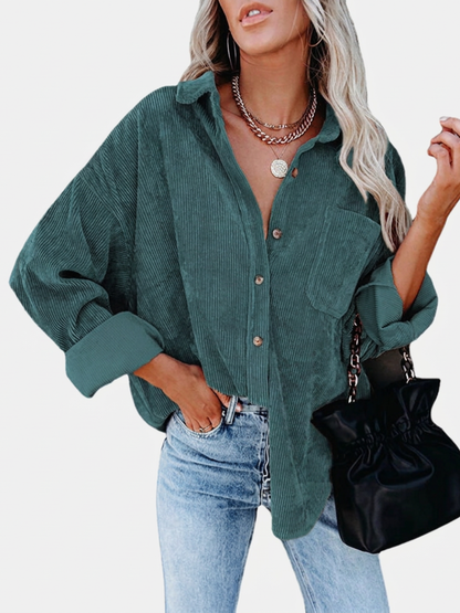 Effortless Corduroy Shirt for Women with Collar Long Sleeve Button Front Oversized Relaxed Style