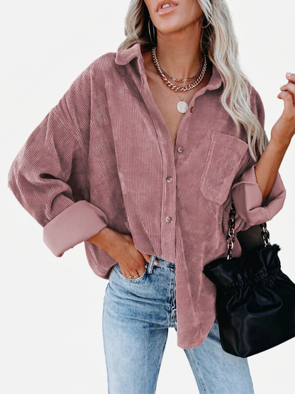 Effortless Corduroy Shirt for Women with Collar Long Sleeve Button Front Oversized Relaxed Style