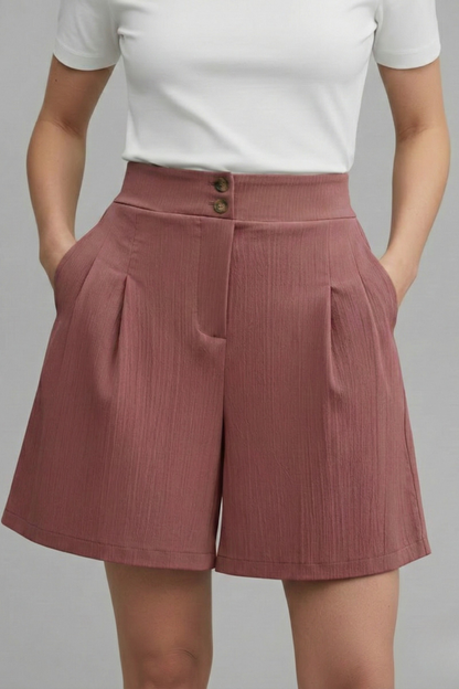 Effortless Textured Bermuda Shorts for Women with High Waist Button Front Pleated Relaxed Style