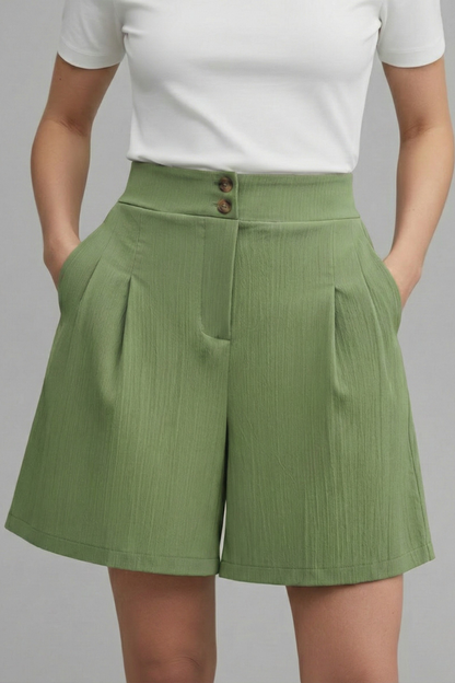 Effortless Textured Bermuda Shorts for Women with High Waist Button Front Pleated Relaxed Style