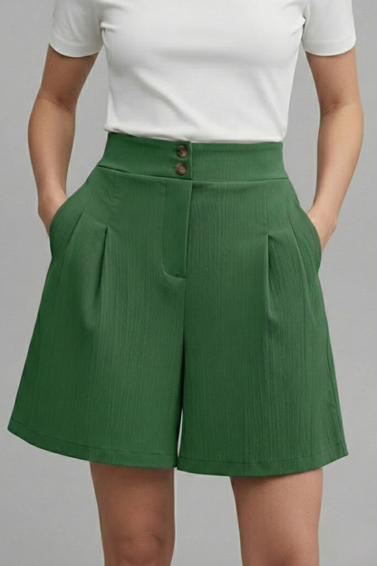 Effortless Textured Bermuda Shorts for Women with High Waist Button Front Pleated Relaxed Style