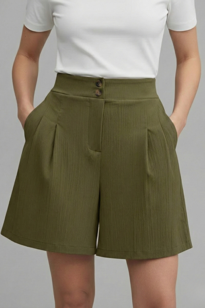 Effortless Textured Bermuda Shorts for Women with High Waist Button Front Pleated Relaxed Style