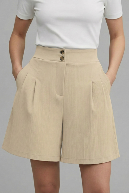 Effortless Textured Bermuda Shorts for Women with High Waist Button Front Pleated Relaxed Style