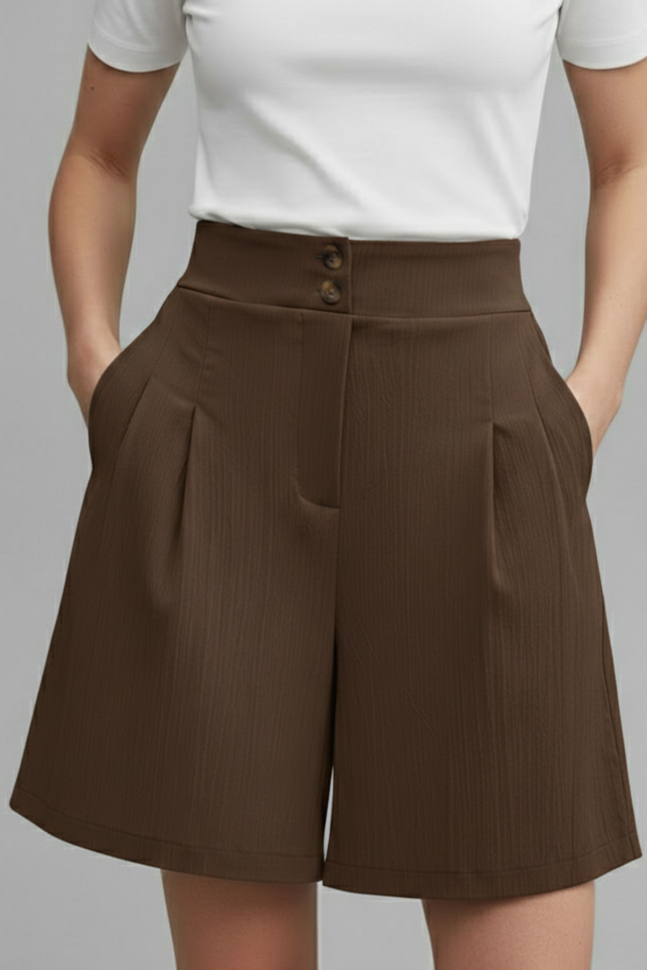 Effortless Textured Bermuda Shorts for Women with High Waist Button Front Pleated Relaxed Style