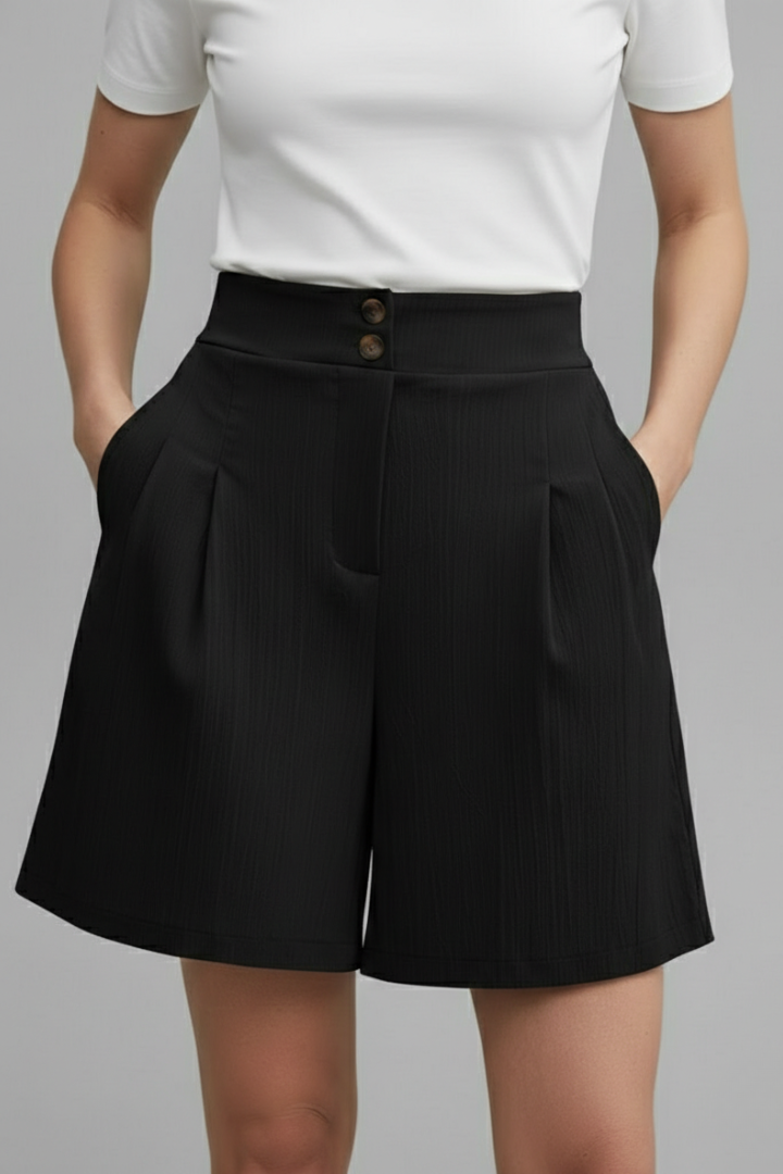 Effortless Textured Bermuda Shorts for Women with High Waist Button Front Pleated Relaxed Style