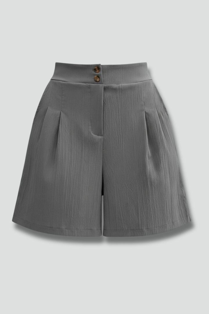 Effortless Textured Bermuda Shorts for Women with High Waist Button Front Pleated Relaxed Style