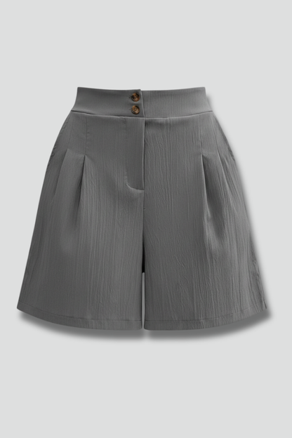Effortless Textured Bermuda Shorts for Women with High Waist Button Front Pleated Relaxed Style