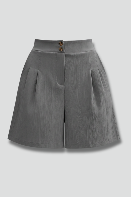 Effortless Textured Bermuda Shorts for Women with High Waist Button Front Pleated Relaxed Style