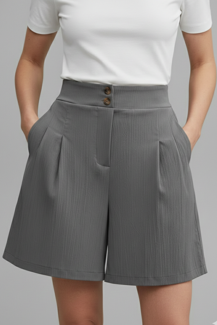 Effortless Textured Bermuda Shorts for Women with High Waist Button Front Pleated Relaxed Style