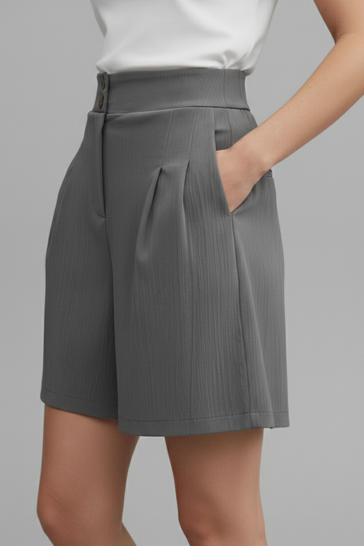 Effortless Textured Bermuda Shorts for Women with High Waist Button Front Pleated Relaxed Style