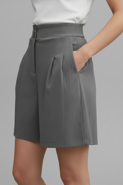 Effortless Textured Bermuda Shorts for Women with High Waist Button Front Pleated Relaxed Style