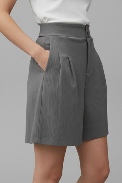Effortless Textured Bermuda Shorts for Women with High Waist Button Front Pleated Relaxed Style