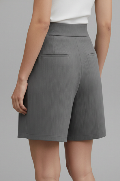 Effortless Textured Bermuda Shorts for Women with High Waist Button Front Pleated Relaxed Style