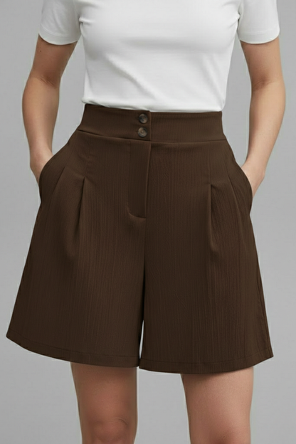 Effortless Textured Bermuda Shorts for Women with High Waist Button Front Pleated Relaxed Style