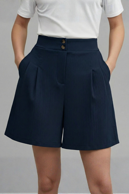 Effortless Textured Bermuda Shorts for Women with High Waist Button Front Pleated Relaxed Style