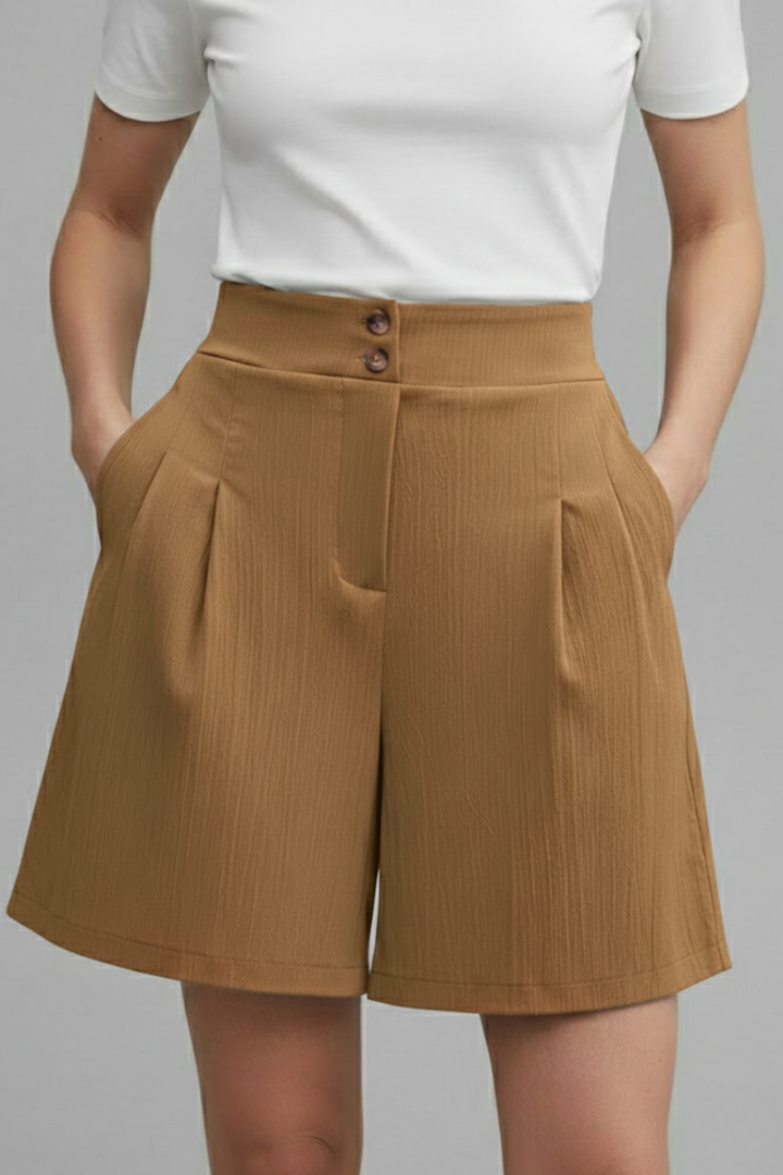 Effortless Textured Bermuda Shorts for Women with High Waist Button Front Pleated Relaxed Style