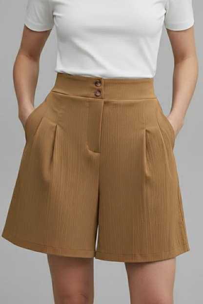 Effortless Textured Bermuda Shorts for Women with High Waist Button Front Pleated Relaxed Style