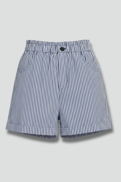 Effortless Striped Cotton Shorts for Women with High Waist Pleated Cuffed Casual Style