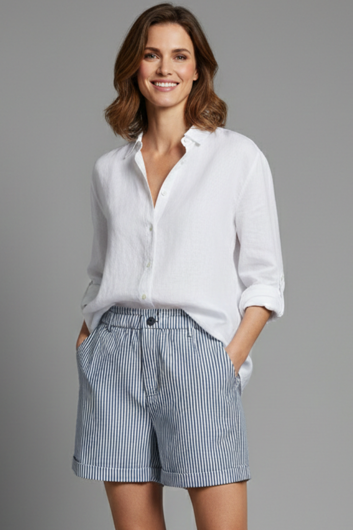Effortless Striped Cotton Shorts for Women with High Waist Pleated Cuffed Casual Style