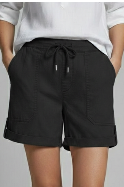 Effortless Linen Cuffed Shorts for Women with Drawstring Waist Patch Pocket Relaxed Casual Style