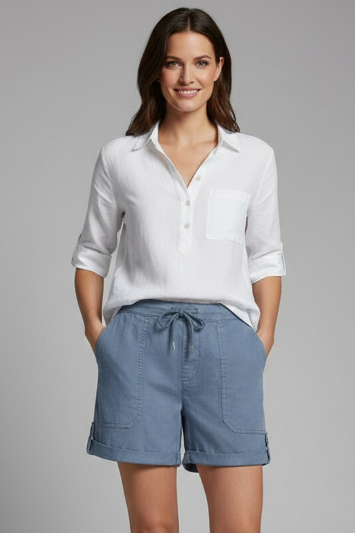 Effortless Linen Cuffed Shorts for Women with Drawstring Waist Patch Pocket Relaxed Casual Style