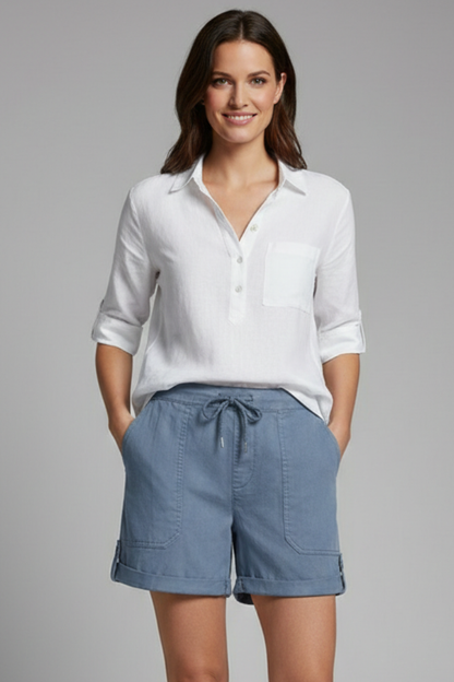 Effortless Blue Linen Shorts for Women with Drawstring Waist Cuffed Hem Patch Pocket Casual Style