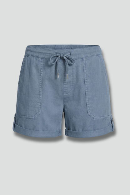 Effortless Blue Linen Shorts for Women with Drawstring Waist Cuffed Hem Patch Pocket Casual Style