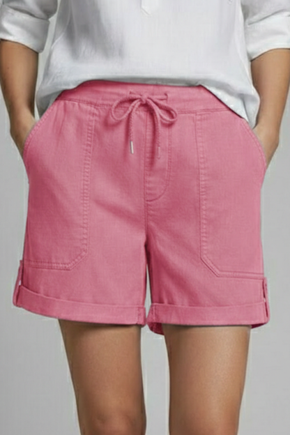 Effortless Linen Cuffed Shorts for Women with Drawstring Waist Patch Pocket Relaxed Casual Style
