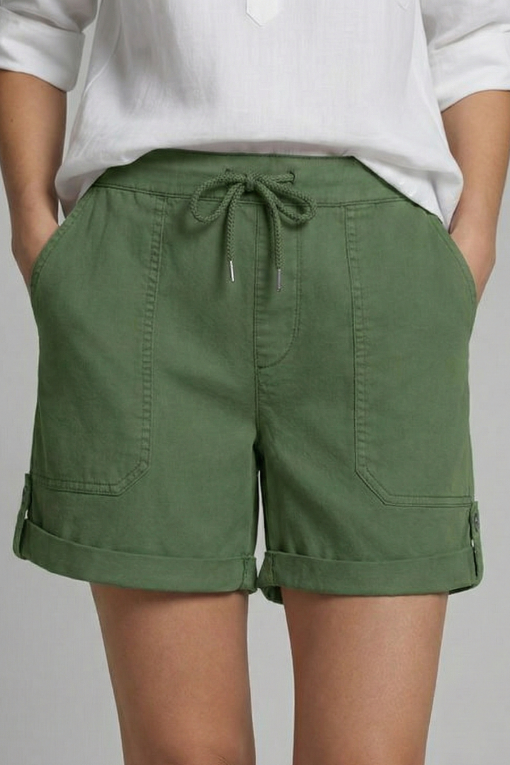 Effortless Blue Linen Shorts for Women with Drawstring Waist Cuffed Hem Patch Pocket Casual Style