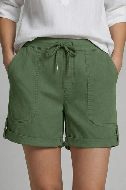 Effortless Blue Linen Shorts for Women with Drawstring Waist Cuffed Hem Patch Pocket Casual Style