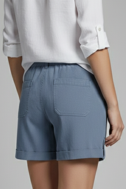 Effortless Blue Linen Shorts for Women with Drawstring Waist Cuffed Hem Patch Pocket Casual Style