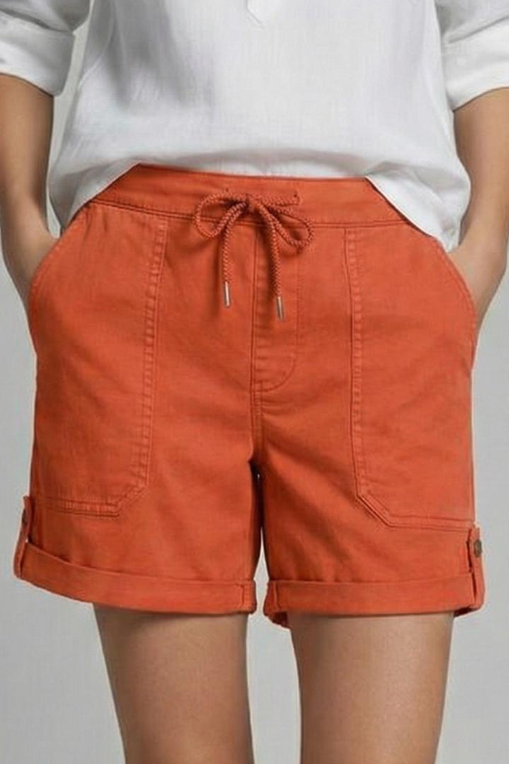 Effortless Linen Cuffed Shorts for Women with Drawstring Waist Patch Pocket Relaxed Casual Style