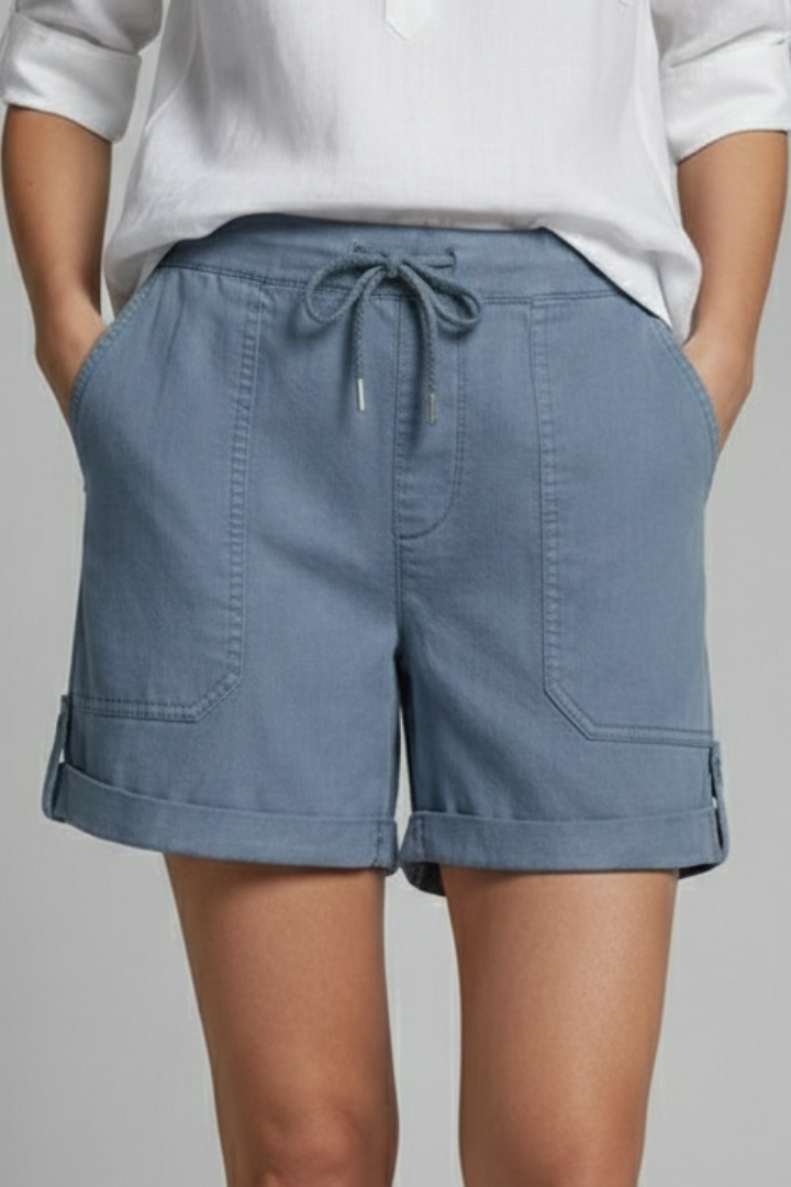 Effortless Linen Cuffed Shorts for Women with Drawstring Waist Patch Pocket Relaxed Casual Style