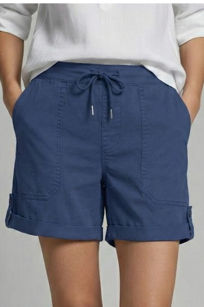 Effortless Linen Cuffed Shorts for Women with Drawstring Waist Patch Pocket Relaxed Casual Style