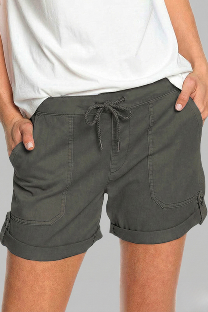 Effortless Blue Linen Shorts for Women with Drawstring Waist Cuffed Hem Patch Pocket Casual Style