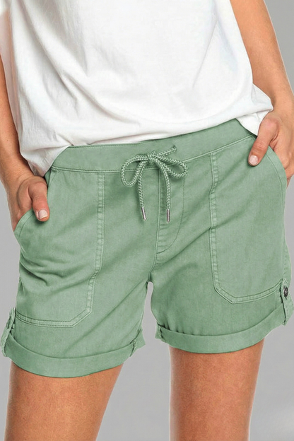 Effortless Linen Cuffed Shorts for Women with Drawstring Waist Patch Pocket Relaxed Casual Style