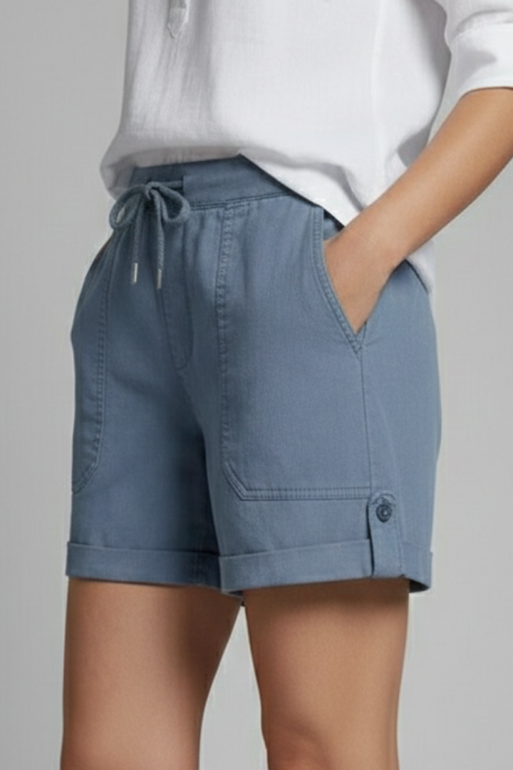 Effortless Linen Cuffed Shorts for Women with Drawstring Waist Patch Pocket Relaxed Casual Style