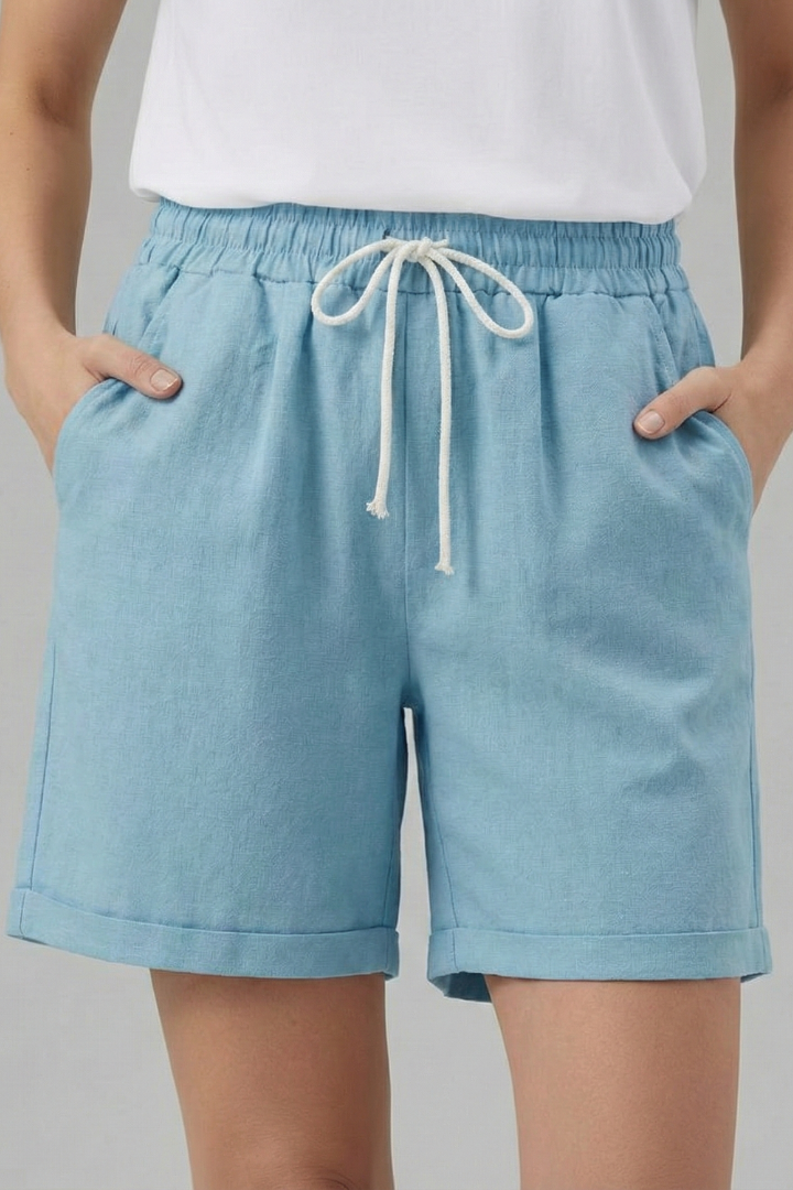 Effortless Khaki Bermuda Shorts for Women with Elastic Waist Drawstring Cuffed Relaxed Casual Style
