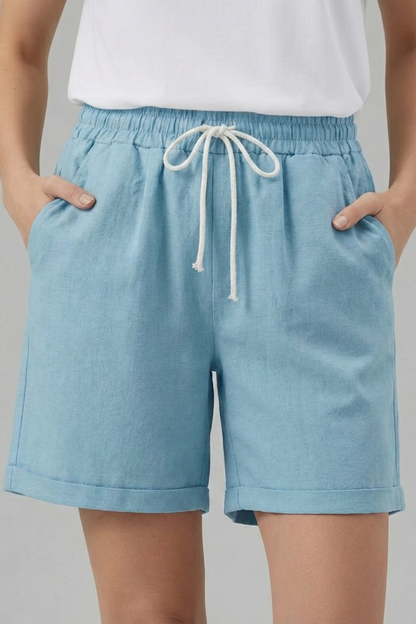 Effortless Khaki Bermuda Shorts for Women with Elastic Waist Drawstring Cuffed Relaxed Casual Style