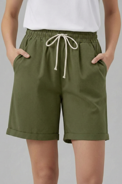 Effortless Khaki Bermuda Shorts for Women with Elastic Waist Drawstring Cuffed Relaxed Casual Style