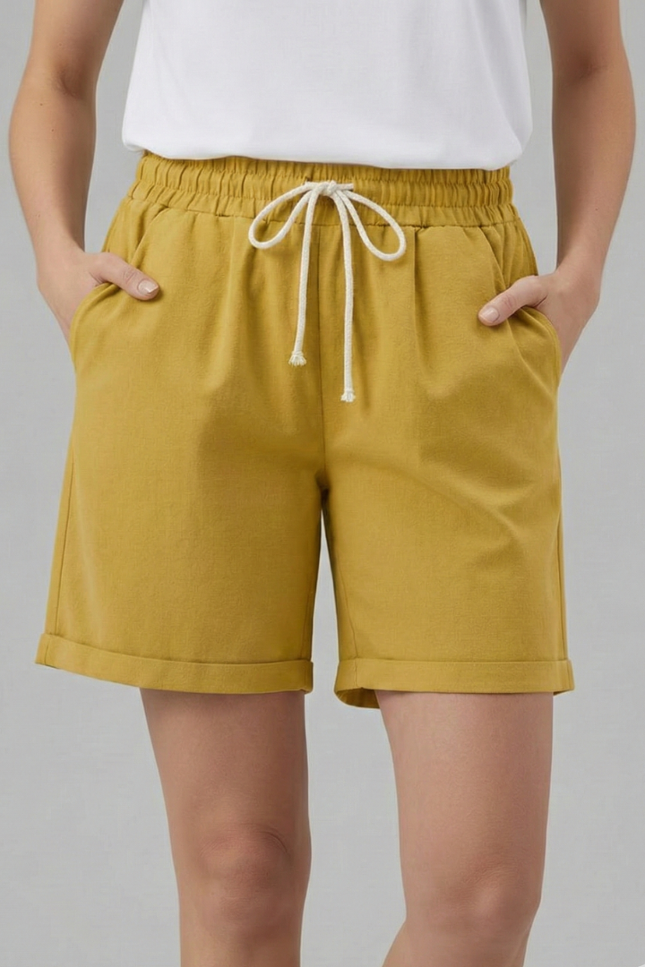 Effortless Khaki Bermuda Shorts for Women with Elastic Waist Drawstring Cuffed Relaxed Casual Style