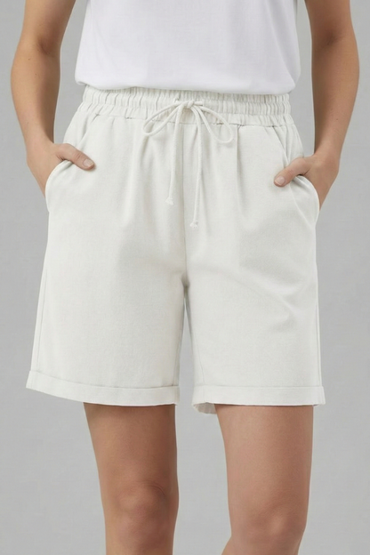 Effortless Khaki Bermuda Shorts for Women with Elastic Waist Drawstring Cuffed Relaxed Casual Style