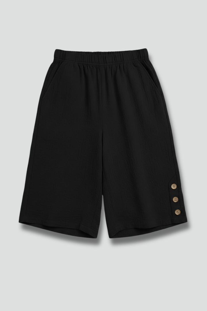 Effortless Textured Bermuda Shorts for Women with Elastic Waist Wide Leg Button Detail Relaxed Style