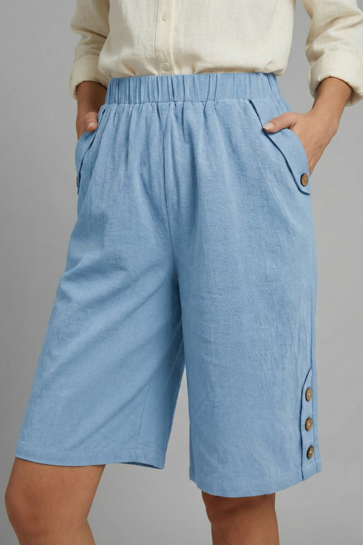 Effortless Textured Bermuda Shorts for Women with Elastic Waist Wide Leg Button Detail Relaxed Style