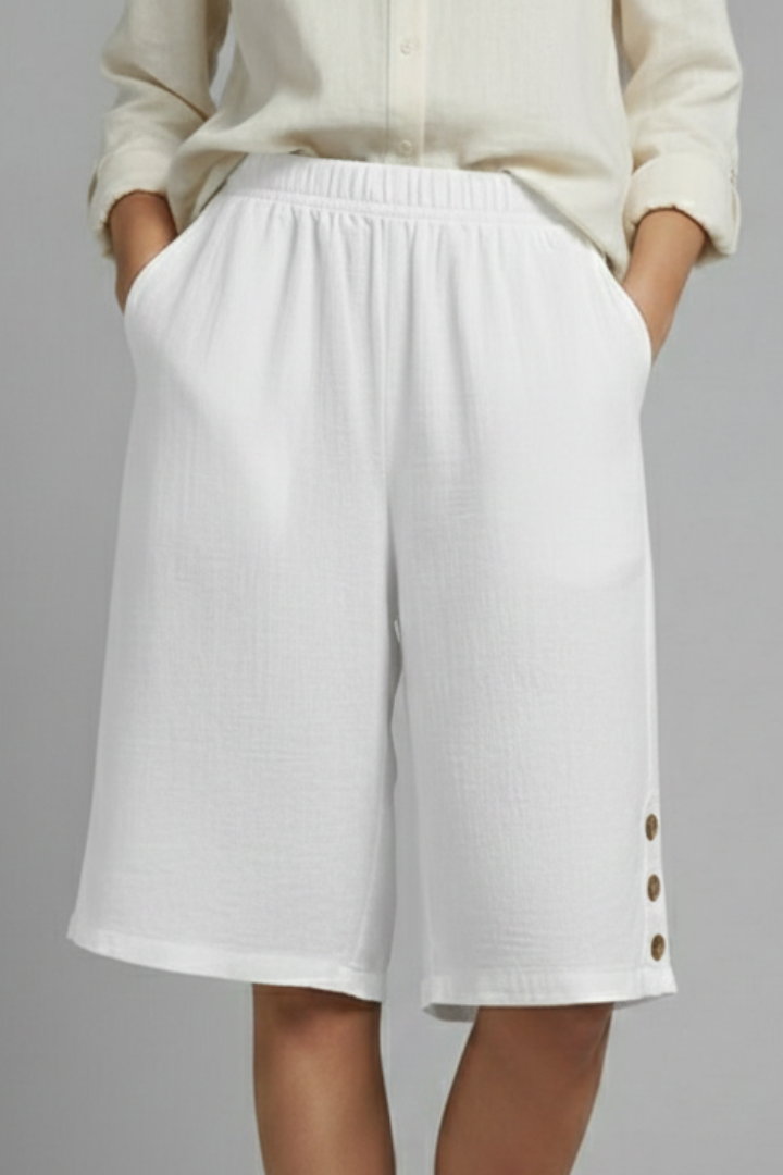 Effortless Textured Bermuda Shorts for Women with Elastic Waist Wide Leg Button Detail Relaxed Style