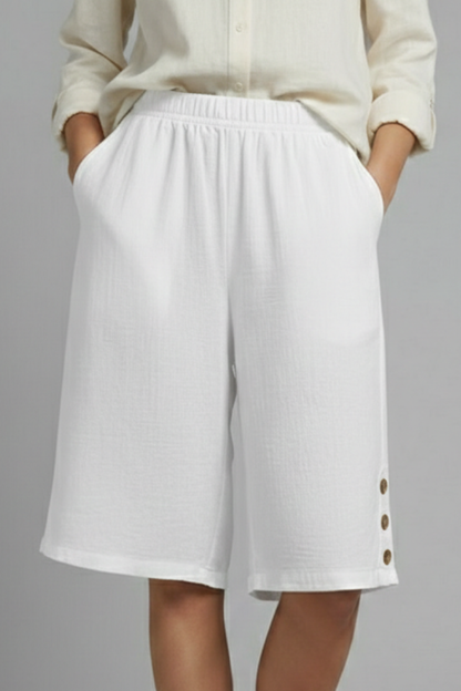 Effortless Textured Bermuda Shorts for Women with Elastic Waist Wide Leg Button Detail Relaxed Style