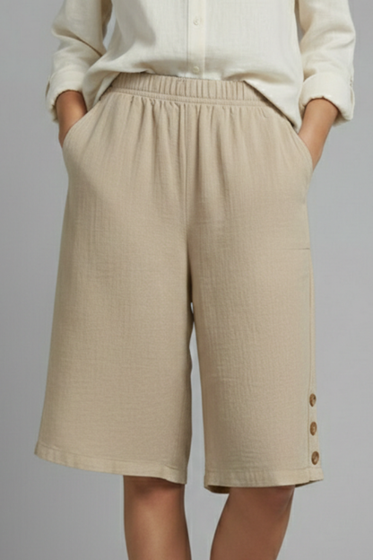 Effortless Textured Bermuda Shorts for Women with Elastic Waist Wide Leg Button Detail Relaxed Style