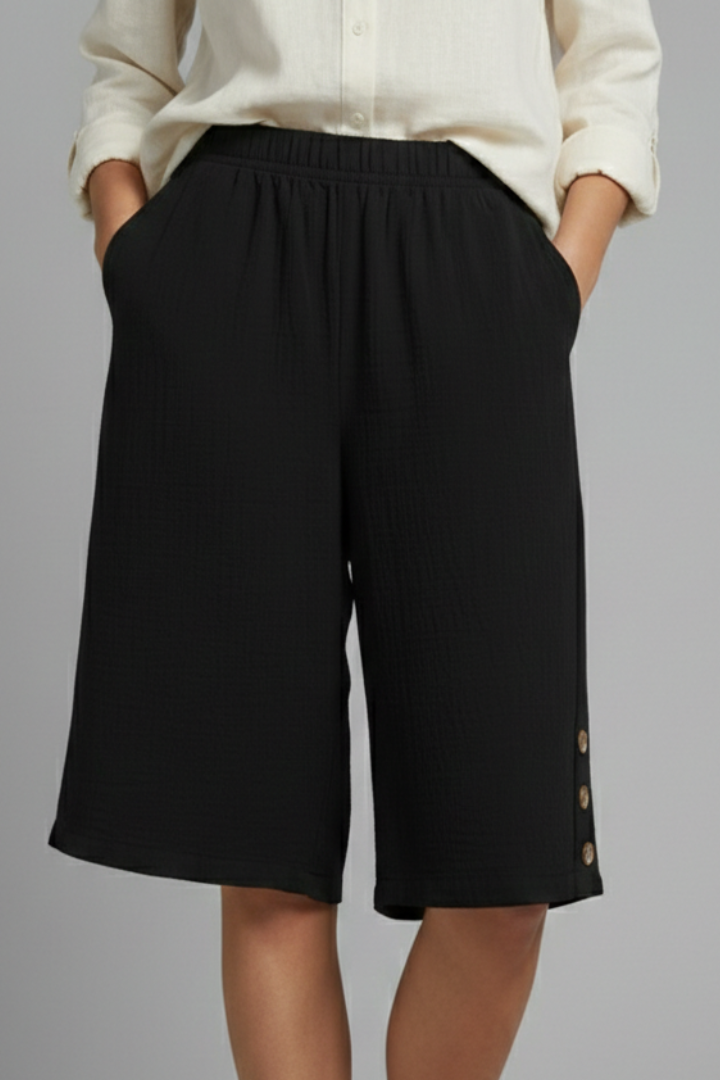 Effortless Textured Bermuda Shorts for Women with Elastic Waist Wide Leg Button Detail Relaxed Style