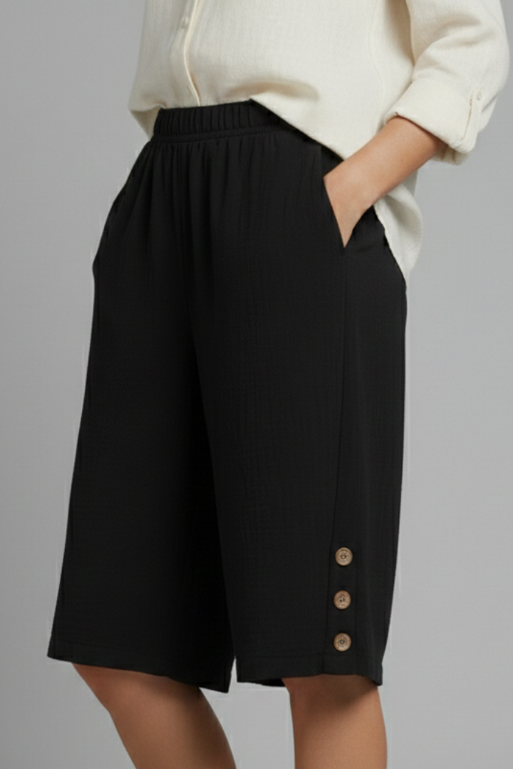 Effortless Textured Bermuda Shorts for Women with Elastic Waist Wide Leg Button Detail Relaxed Style