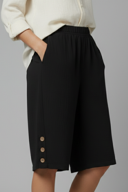 Effortless Textured Bermuda Shorts for Women with Elastic Waist Wide Leg Button Detail Relaxed Style